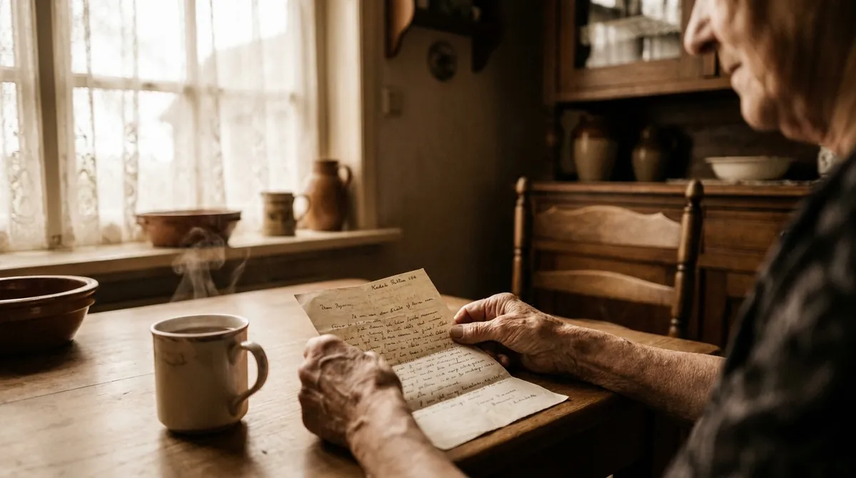 Oudere vrouw leest aan de keukentafel een handgeschreven brief bij een kop thee