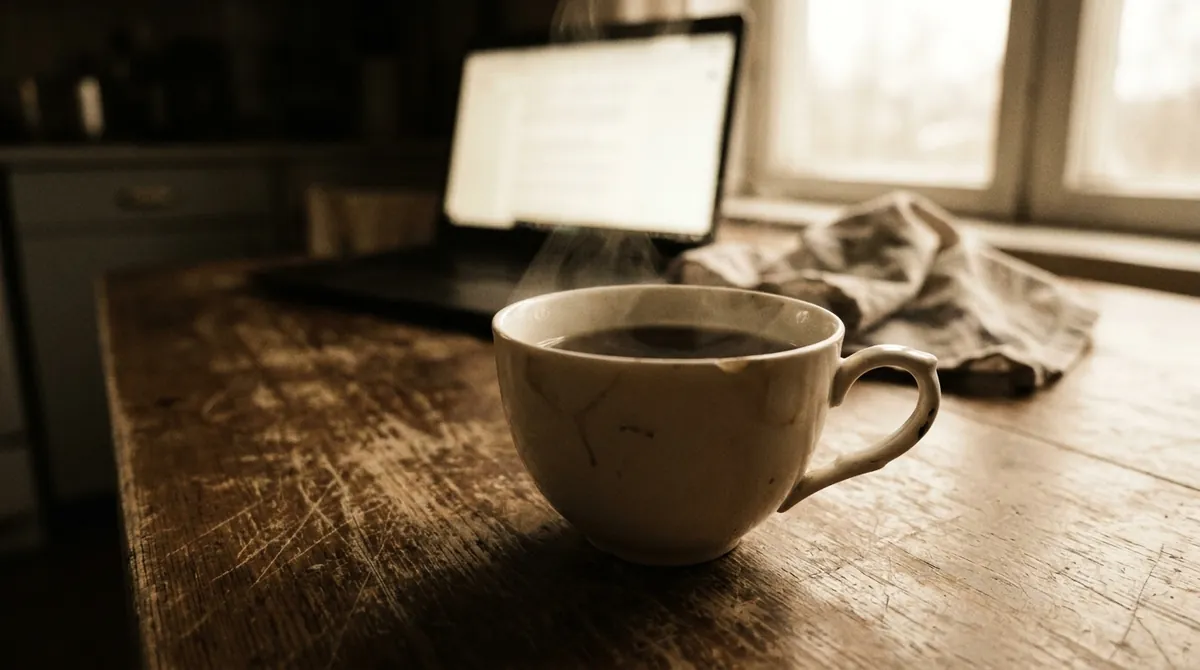 Een dampende kop thee op de keukentafel met een laptop in het ochtendlicht