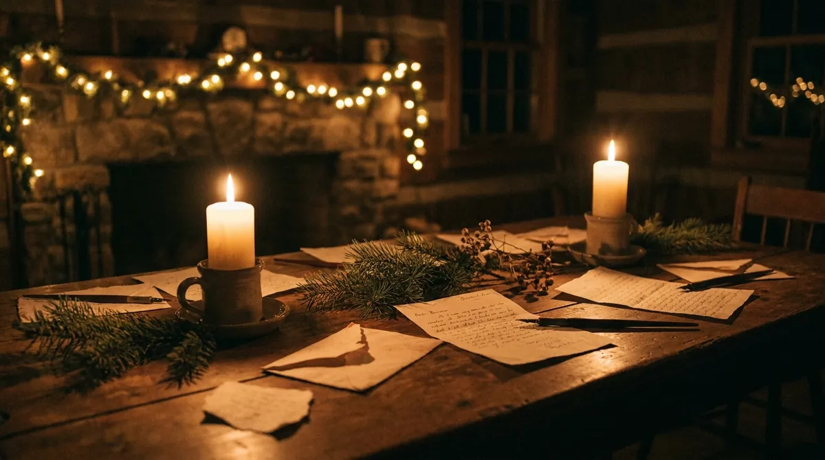 Handgeschreven brieven bij kaarslicht op een tafel in december