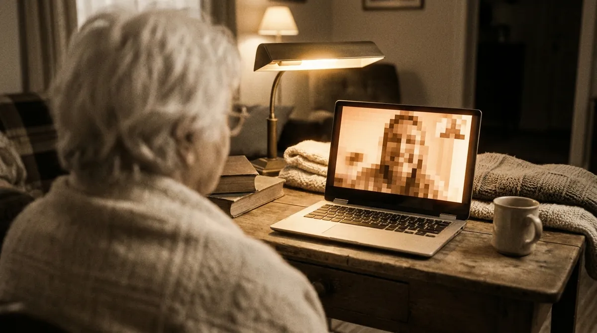 Oudere vrouw kijkt thuis naar een besloten online ontmoeting op haar laptop